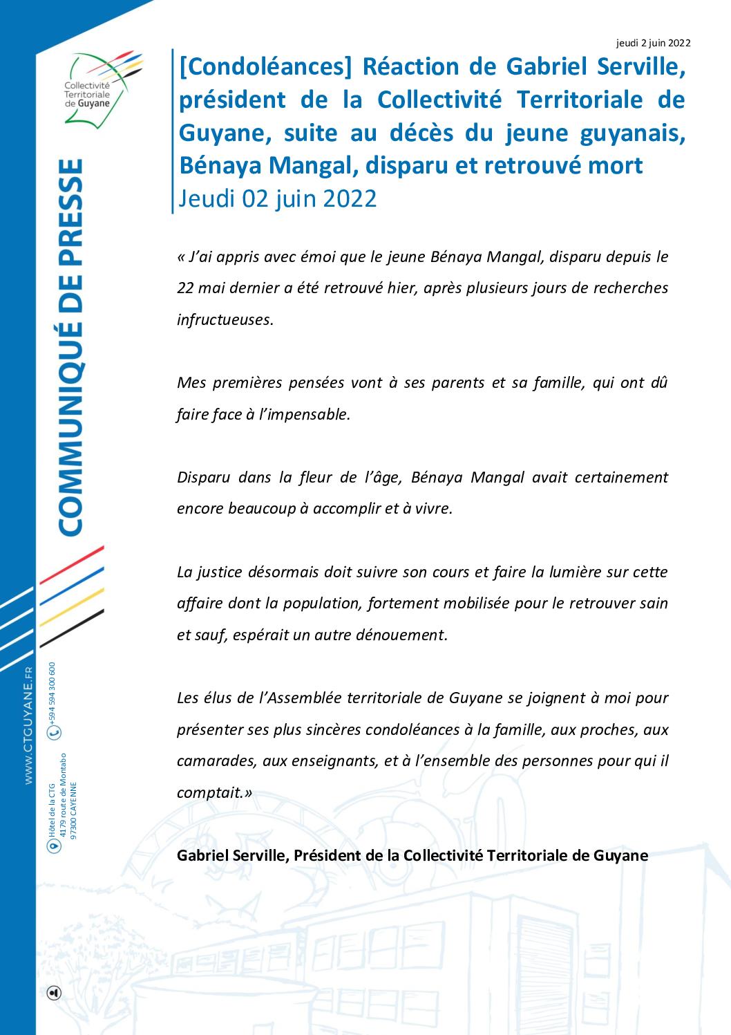 2022.06.02Condoleances_Disparition_Benaya_Mangal_CP_CTG